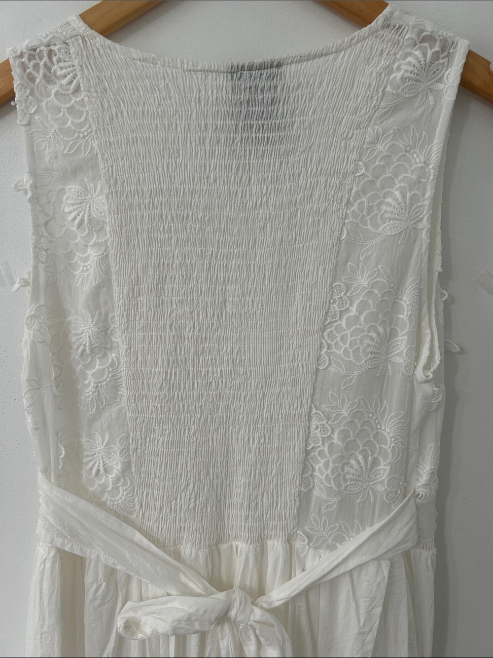 White Lace Bohemian Maxi Dress Tiered Smocked Empire Waist Embroidered Bridal - Picture 7 of 16